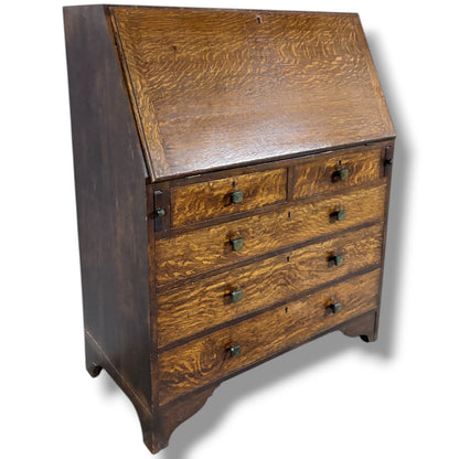 Arts & Crafts Bureau Desk – Quartersawn Oak Fall-Front Writing Surface With Drawers — view 5