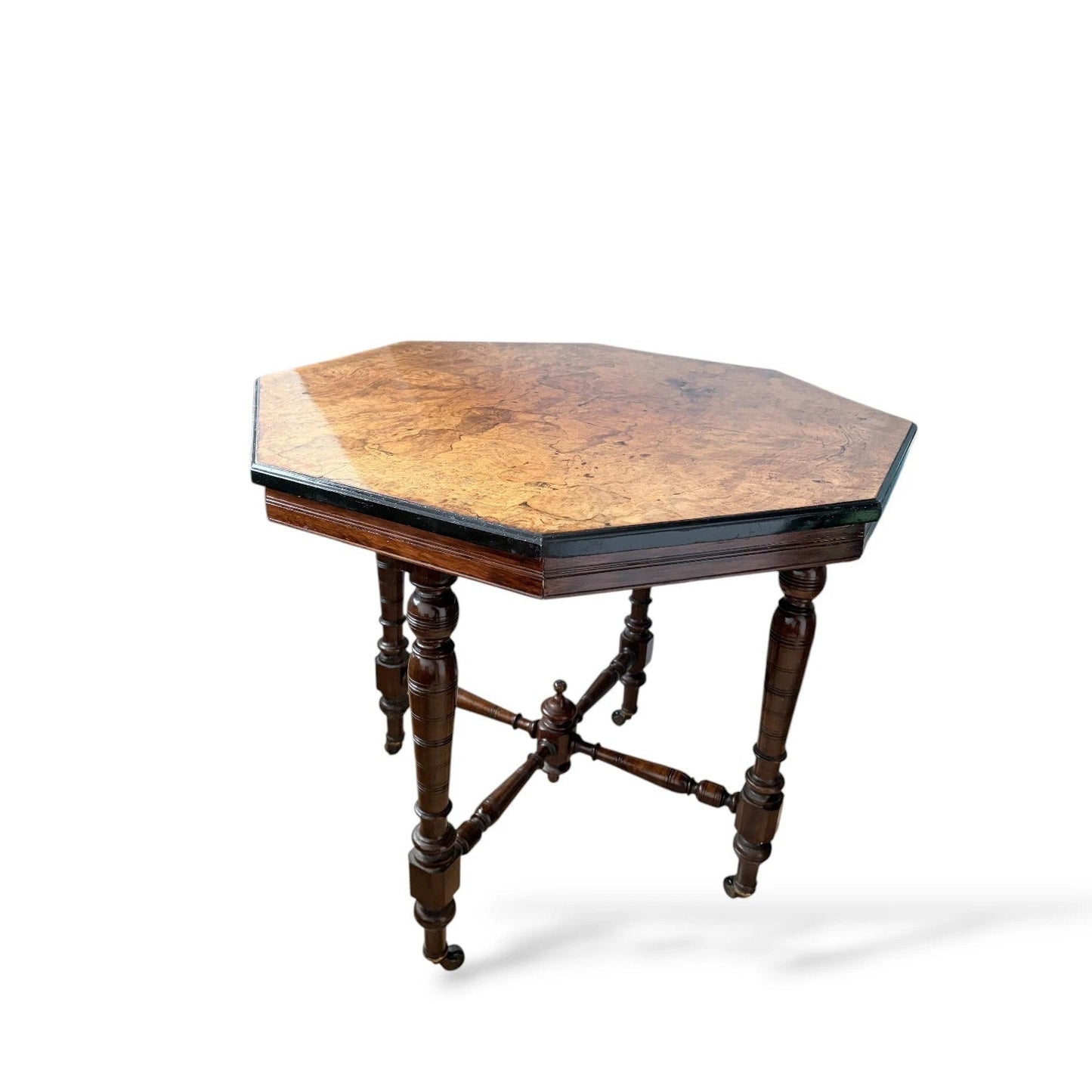 Antique Burr Walnut Table | Compact Octagonal Dining Table with Ebonised Edge & Mahogany Base