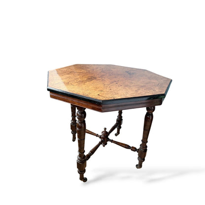 Antique Burr Walnut Table | Compact Octagonal Dining Table with Ebonised Edge & Mahogany Base