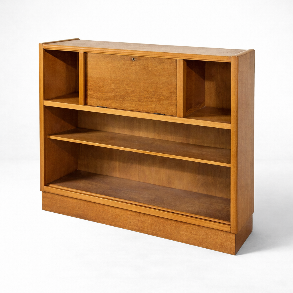Nathan Oak Drop-Down Bureau Desk Cabinet with Sliding Glass Doors – Mid Century