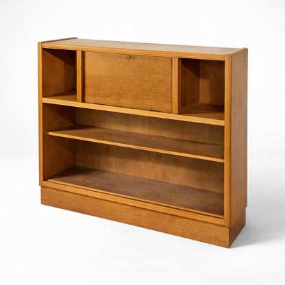 Nathan Oak Drop-Down Bureau Desk Cabinet with Sliding Glass Doors – Mid Century