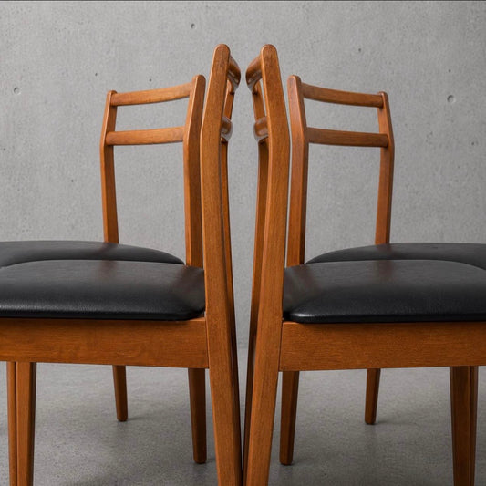 Mid Century Danish Beech Ladderback Dining Chairs Set of 4 Black Vinyl Seats