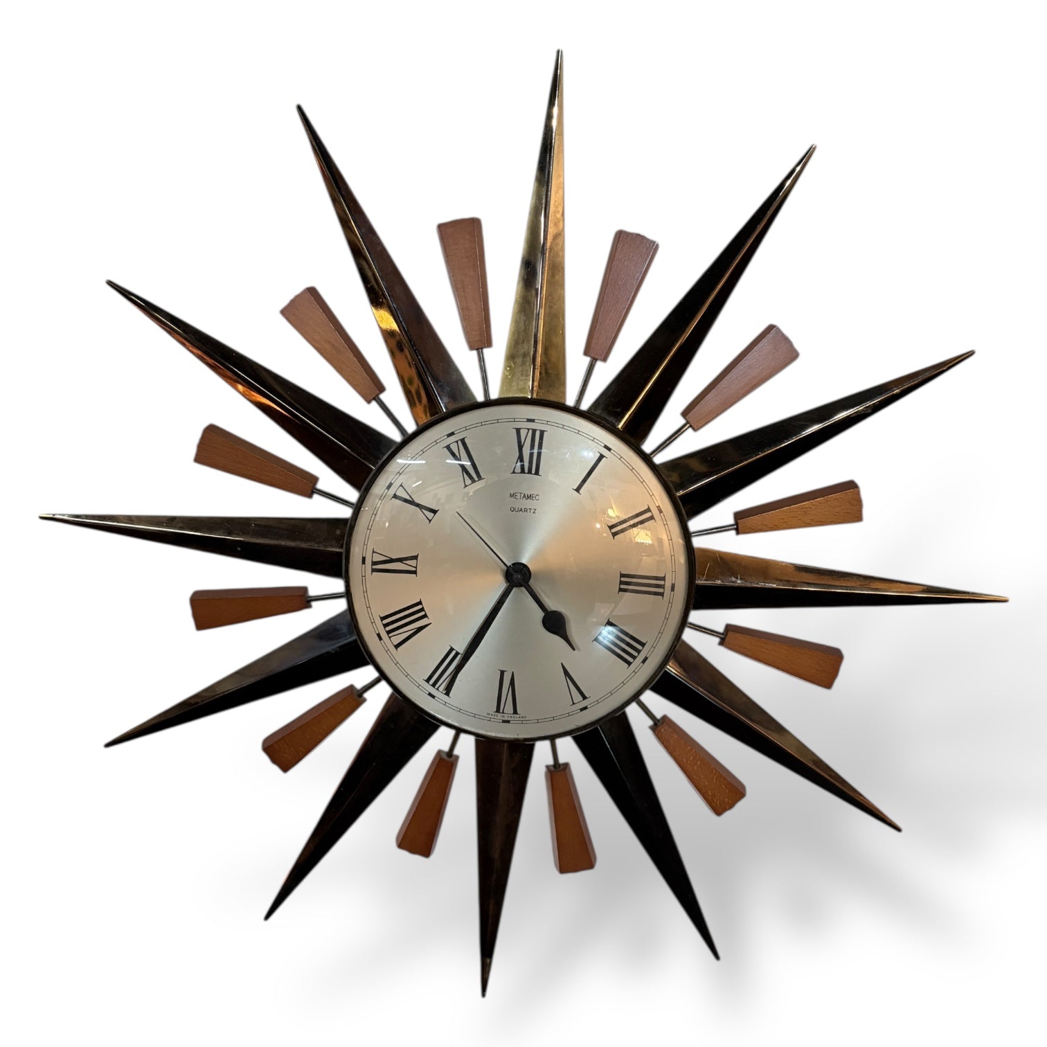 Mid-Century Metamec Sunburst Wall Clock – Brass & Teak, Quartz Movement — view 2