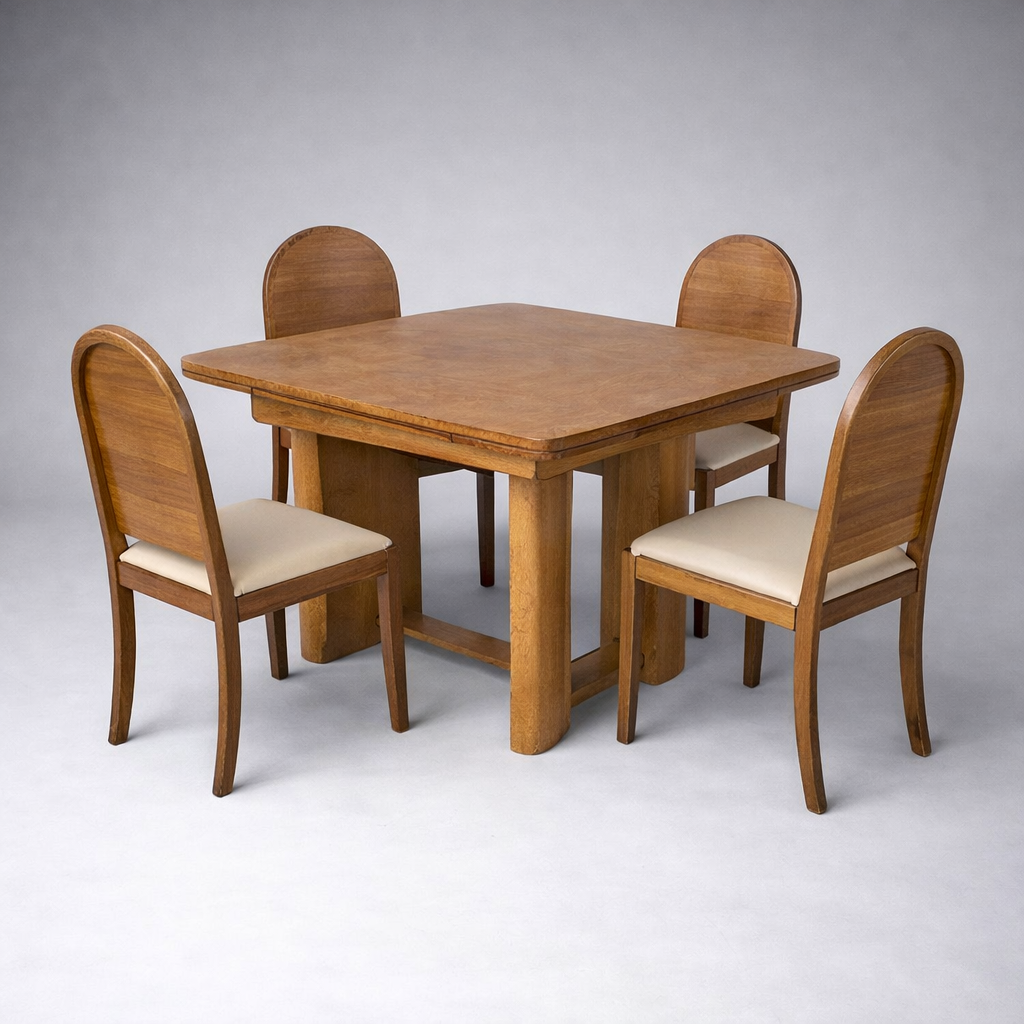 Art Deco Walnut Draw-Leaf Extending Dining Table & Chairs