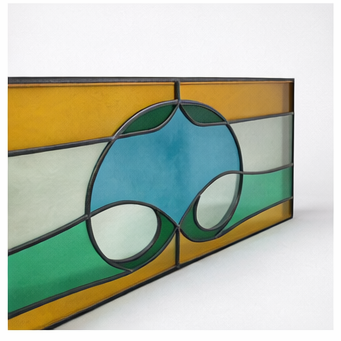 Vintage Stained Glass Window Panel – Geometric Leaded Glass in Green, Amber & Blue