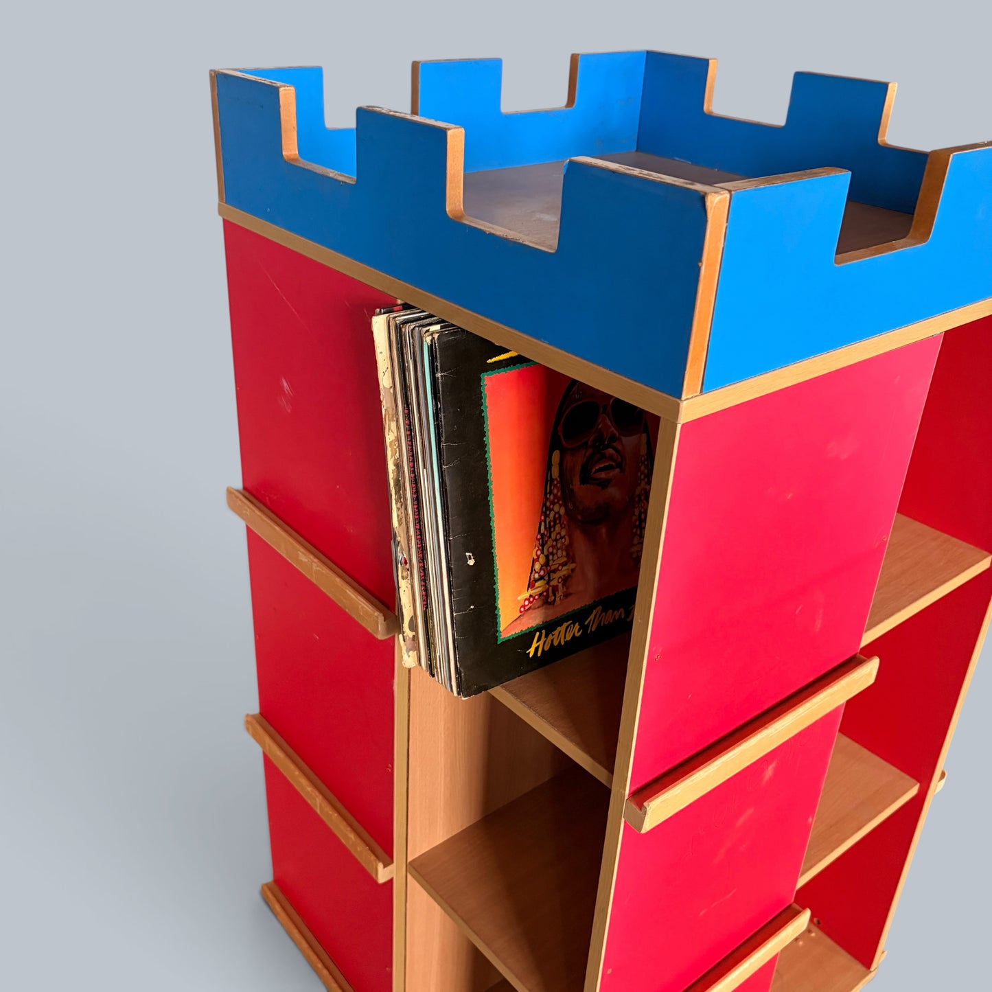 Handmade Postmodern Castle Bookcase & Vinyl Record Storage Unit – Red & Blue