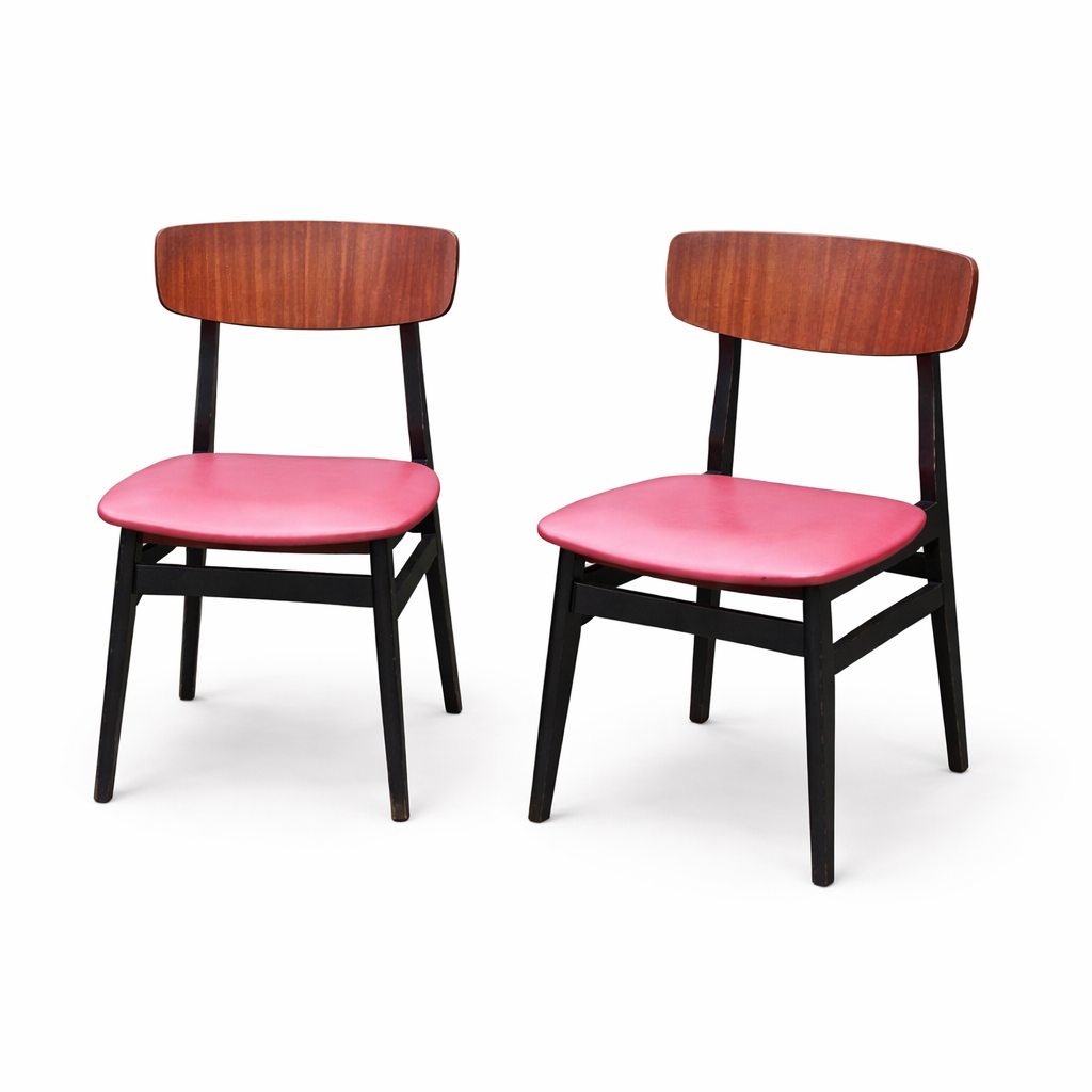 Pair of Mid-Century Teak Dining Chairs with Red Vinyl Seats