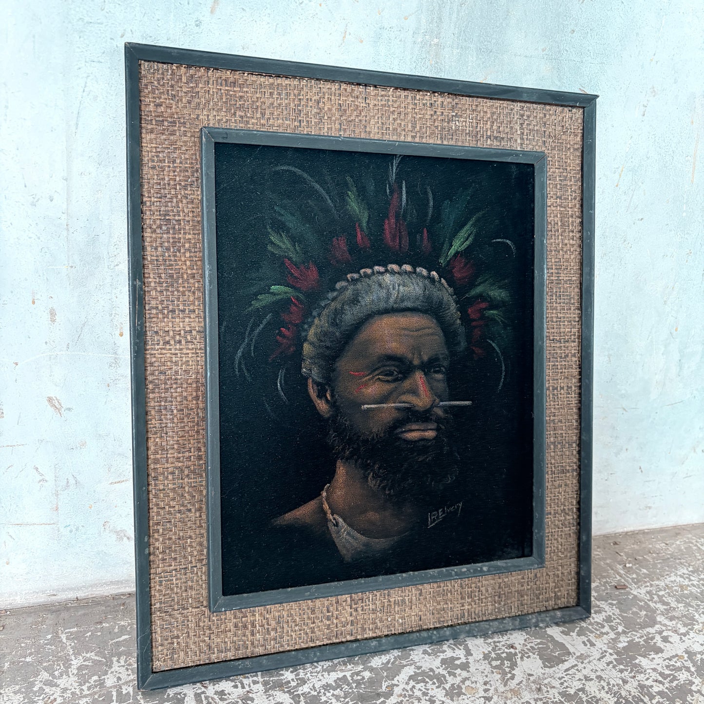 Vintage Signed Oil Portrait of a Papuan Highlander by L. Rewey | Original Mid-Century Framed Oil Painting — view 8