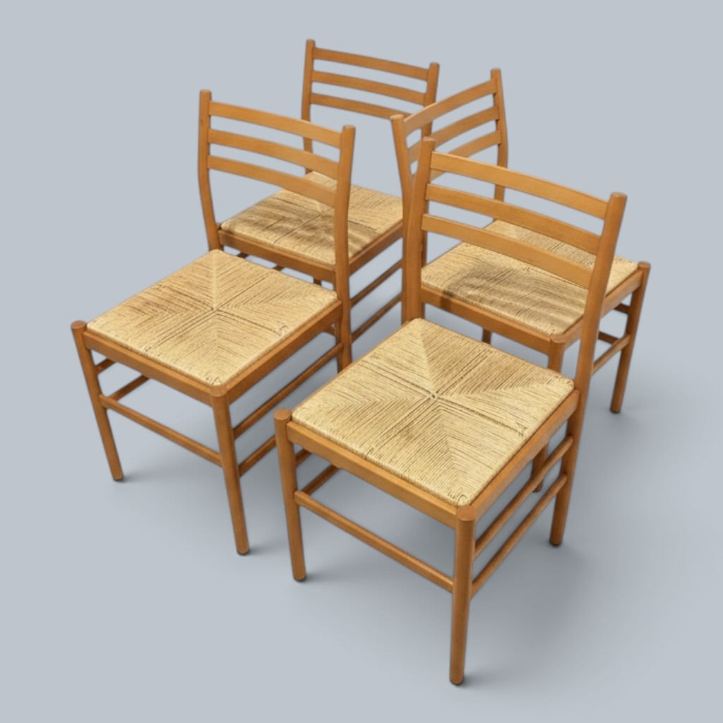 Vintage Italian Bamboo & Oak Round Dining Table with Four Beech & Rattan Chairs