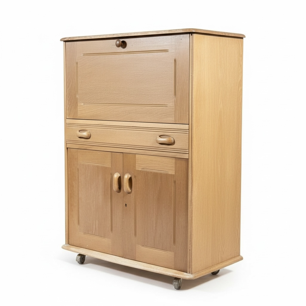 Vintage Oak Bureau - Drop Front Desk | Compact Writing Desk With Castor Wheels