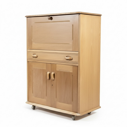 Vintage Oak Bureau - Drop Front Desk | Compact Writing Desk With Castor Wheels