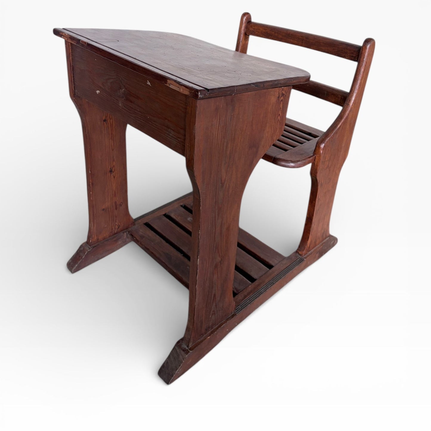 Antique Pine School Desk with Attached Bench