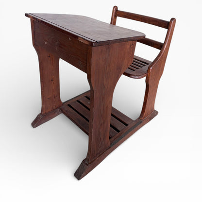 Antique Pine School Desk with Attached Bench