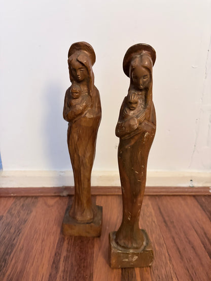 Mid Century Carved Wooden Madonna & Child Figures – Pair of Religious Sculptures
