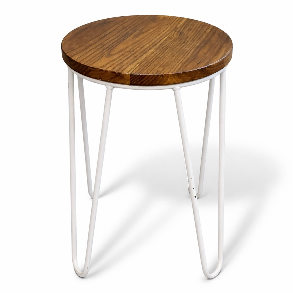 Vintage Elm Bar Stool with White Hairpin Legs