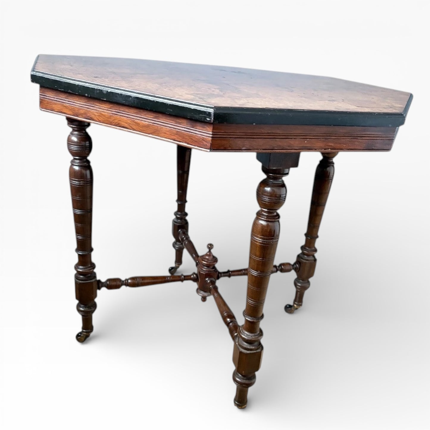 Antique Burr Walnut Table | Compact Octagonal Dining Table with Ebonised Edge & Mahogany Base