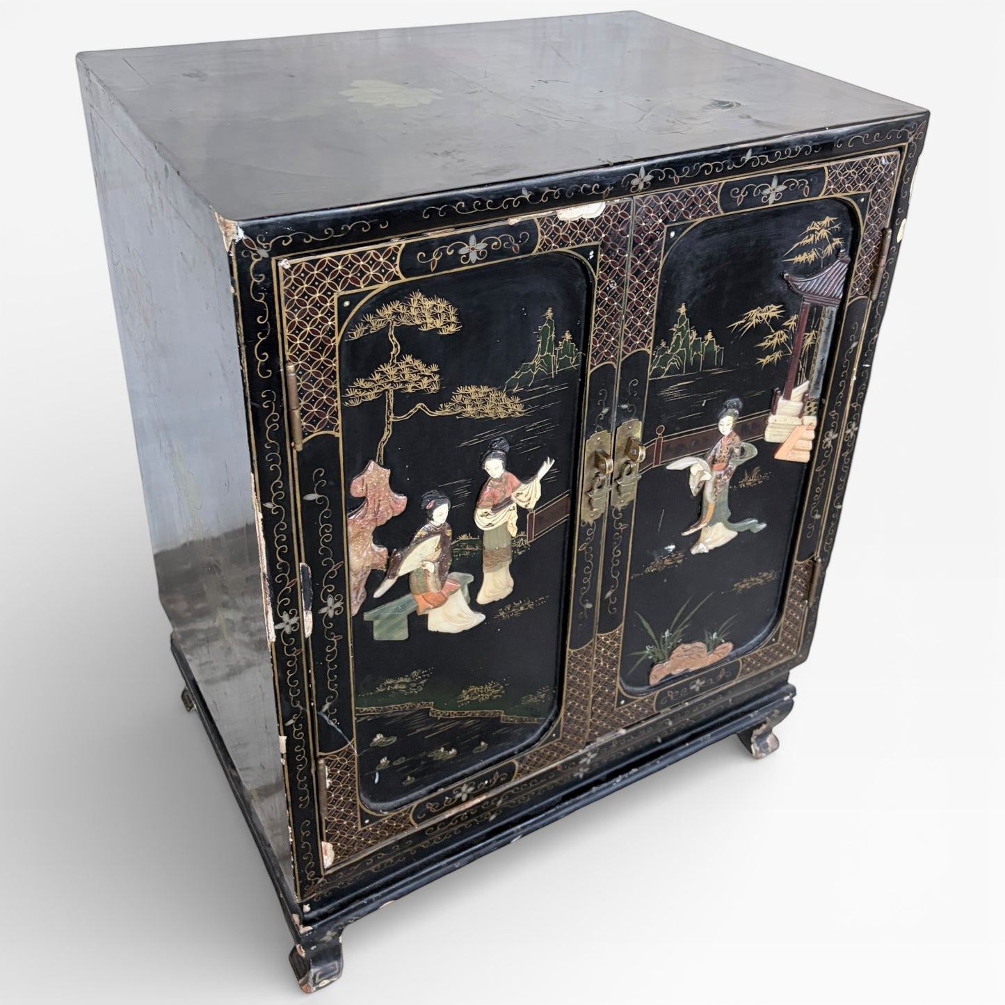 Chinese Black Lacquer Cocktail Cabinet with Mother of Pearl Inlay