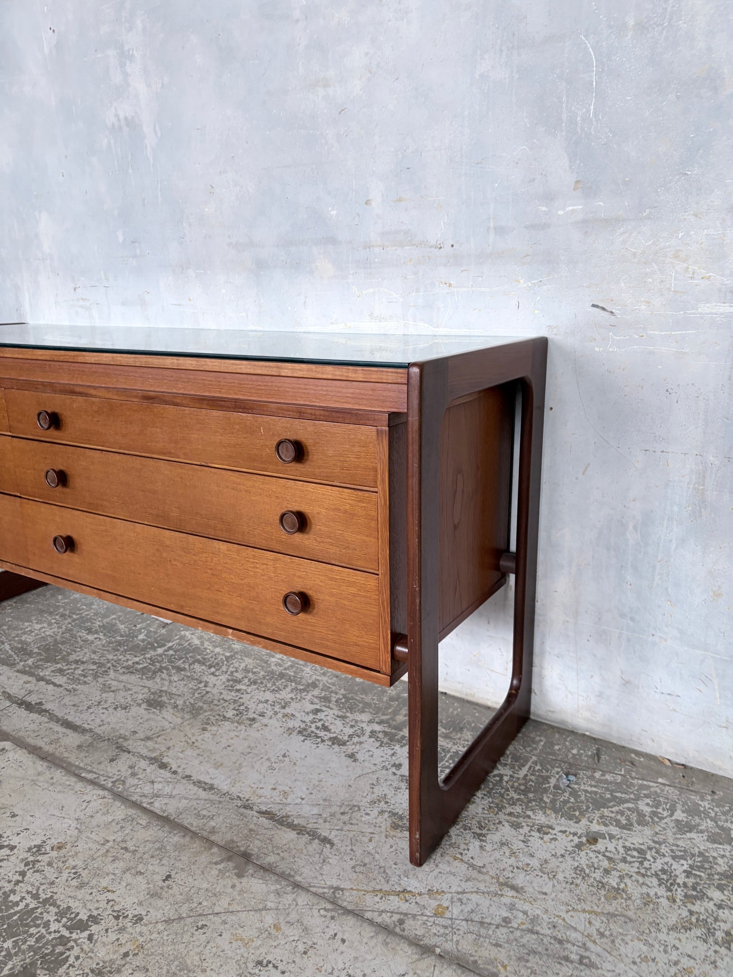 Mid Century William Lawrence Teak Sleigh Leg Chest of Drawers