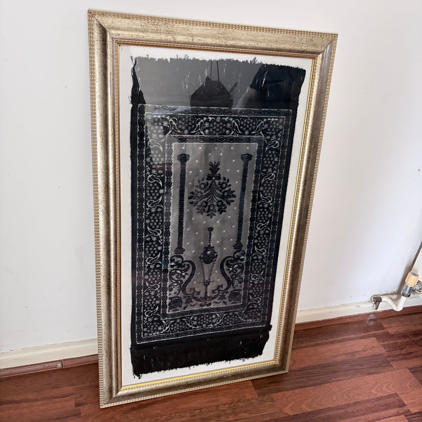 Framed Vintage Islamic Prayer Rug Woven Textile Wall Art Gold Frame