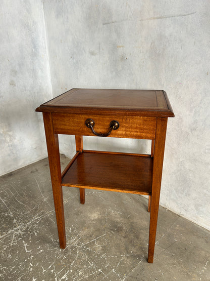 Vintage Oak Bedside Cabinet with Drawer & Leather Inlay Top | Antique Nightstand Table