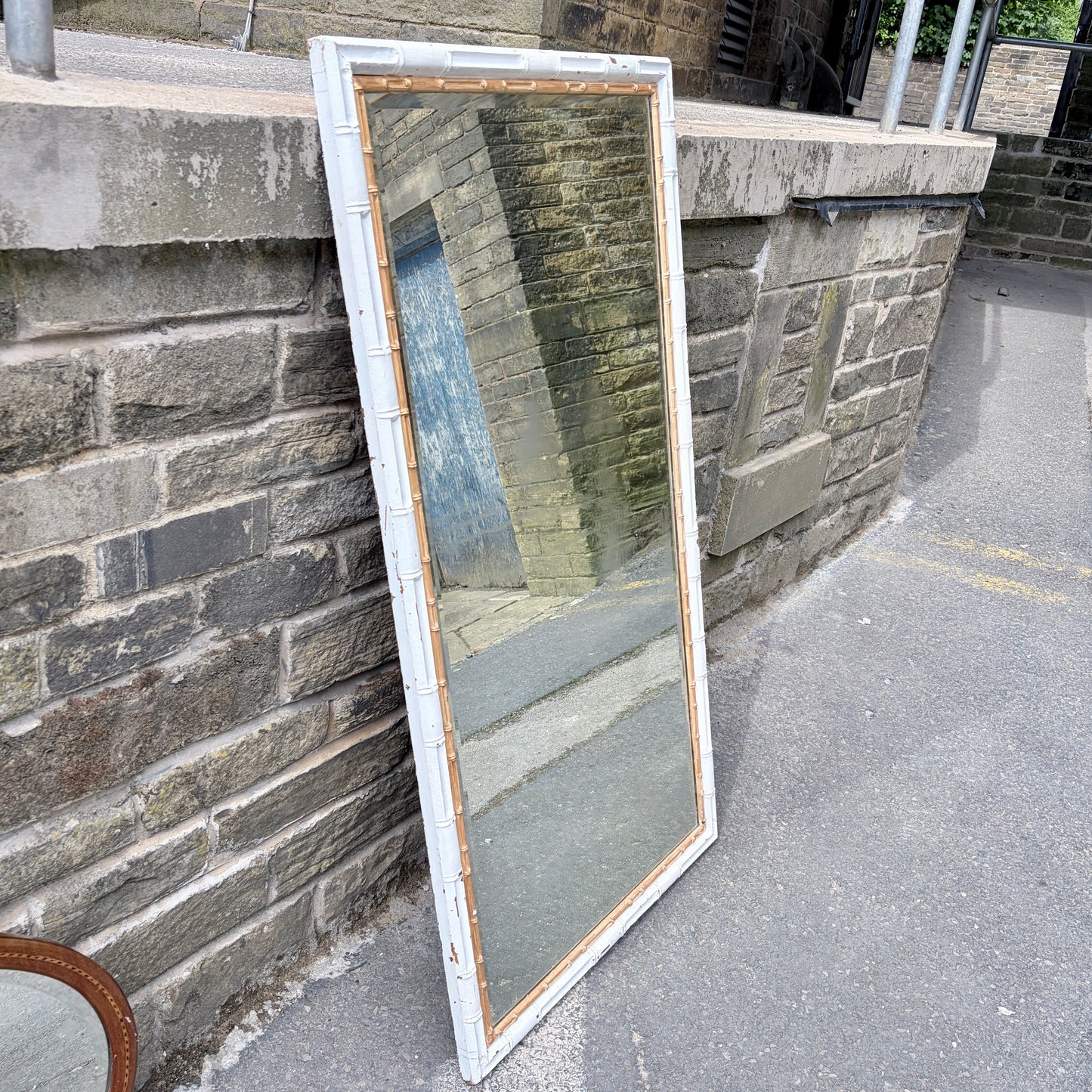 Mid Century Tall Faux Bamboo Floor Mirror in White & Gilt