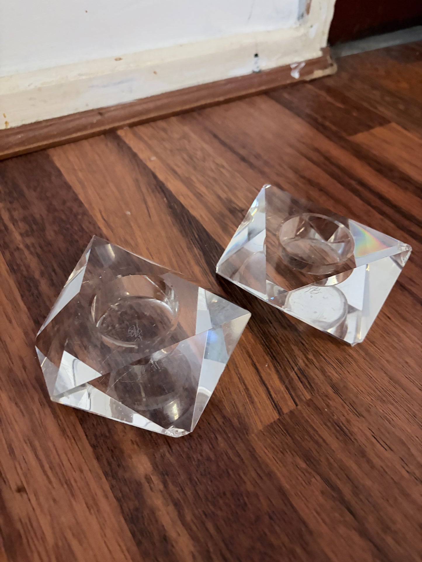Pair of Mid Century Lucite Faceted Candle Holders – Geometric Crystal