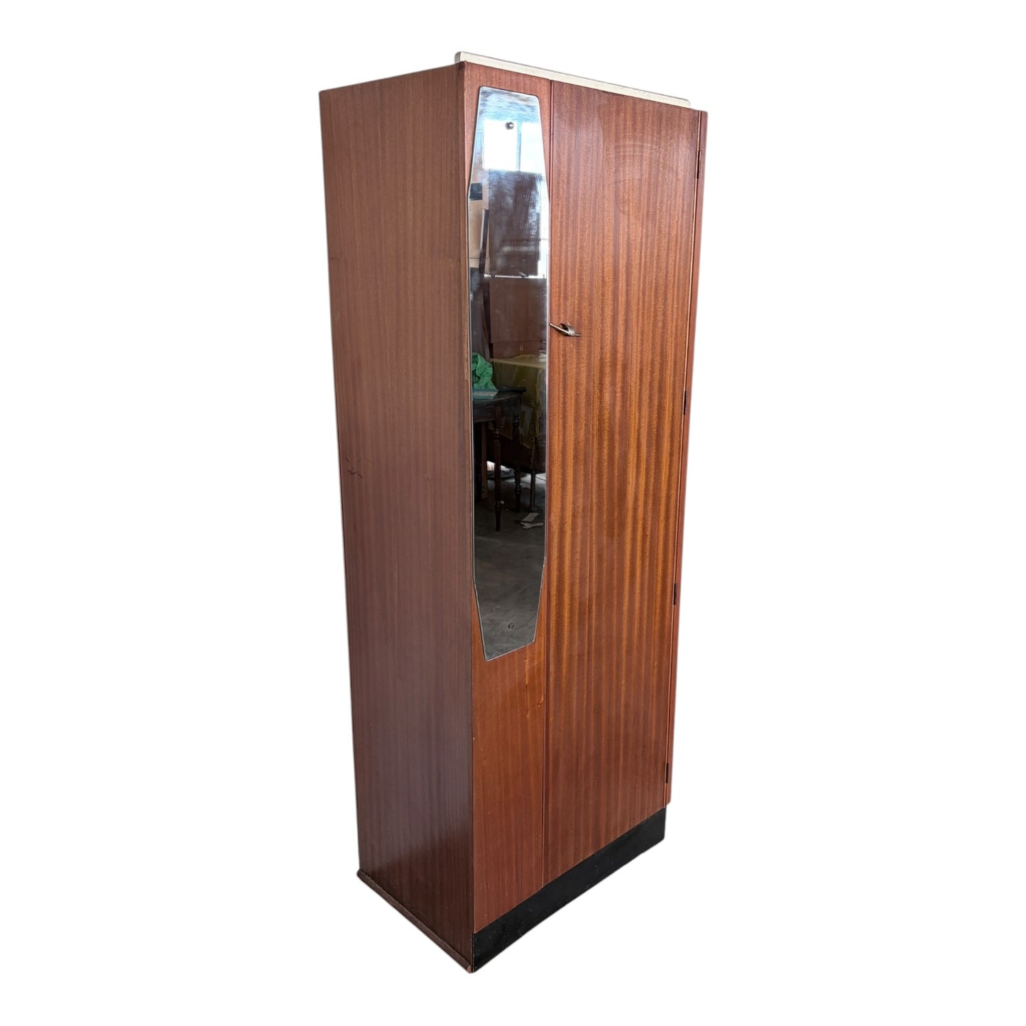 Mid Century Atomic Teak Single Wardrobe with Mirror Door – Compact Hanging Cabinet