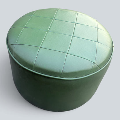 Vintage Mid Century Green Leatherette Pouffe | Round Footstool Ottoman