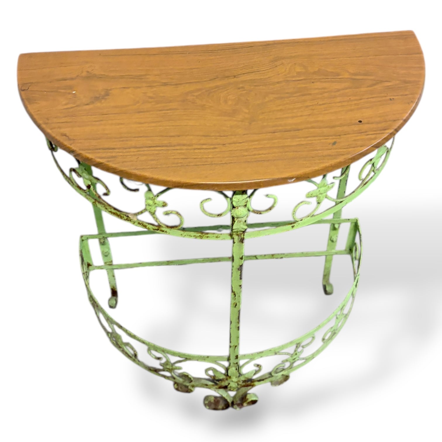 Vintage Wrought Iron Demi-Lune Console Table with Wooden Top — view 5