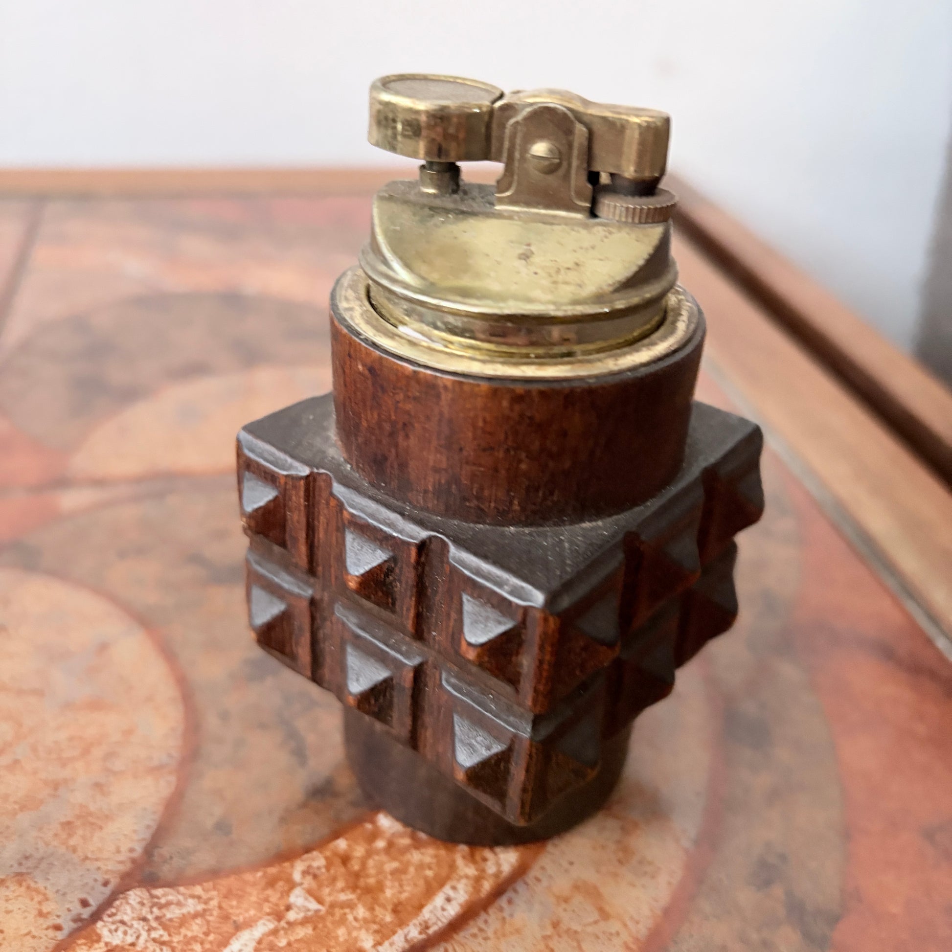Vintage Brutalist Carved Wood Table Lighter – Mid-Century