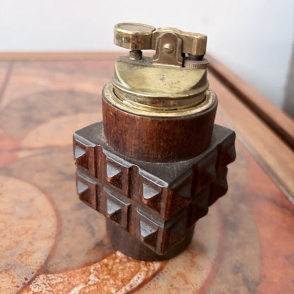 Vintage Brutalist Carved Wood Table Lighter – Mid-Century