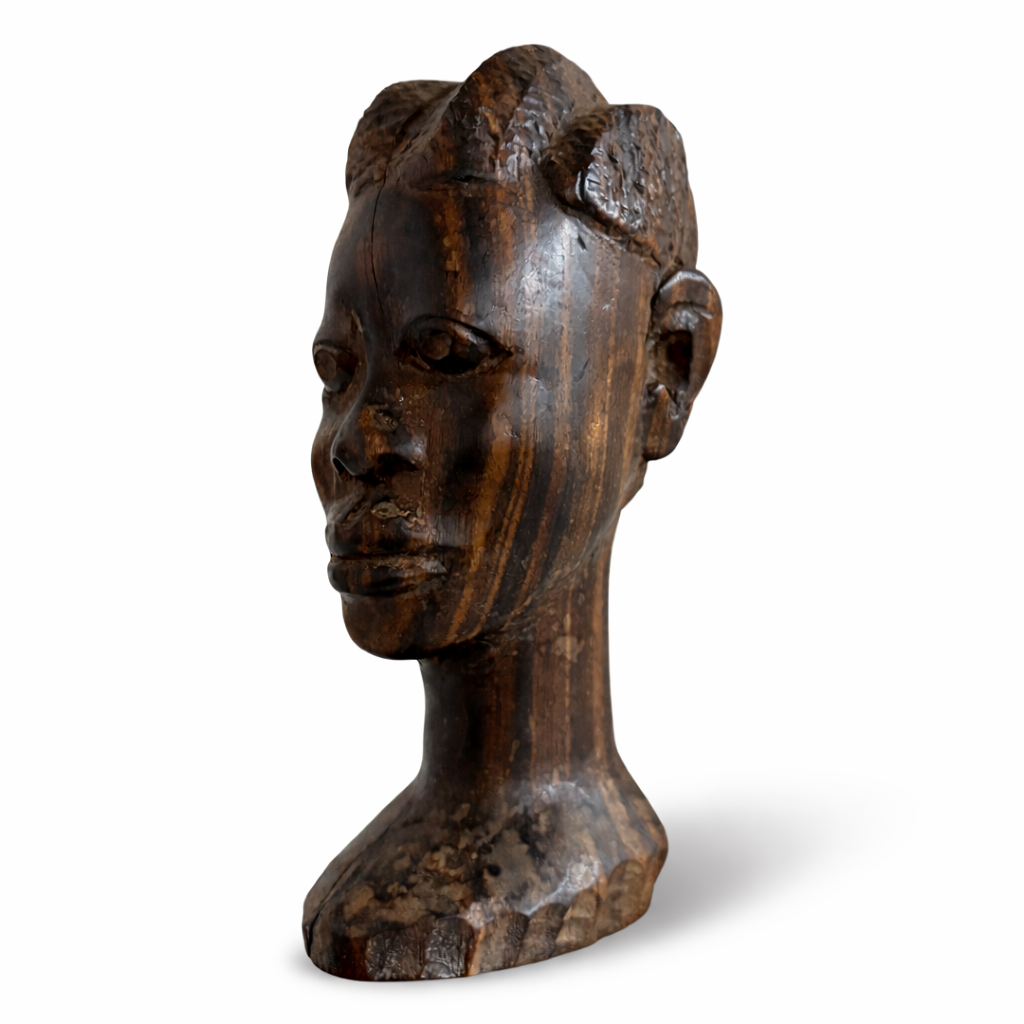 Hand-Carved Wooden Head Sculpture – Mid Century / Tribal Style Decorative Bust