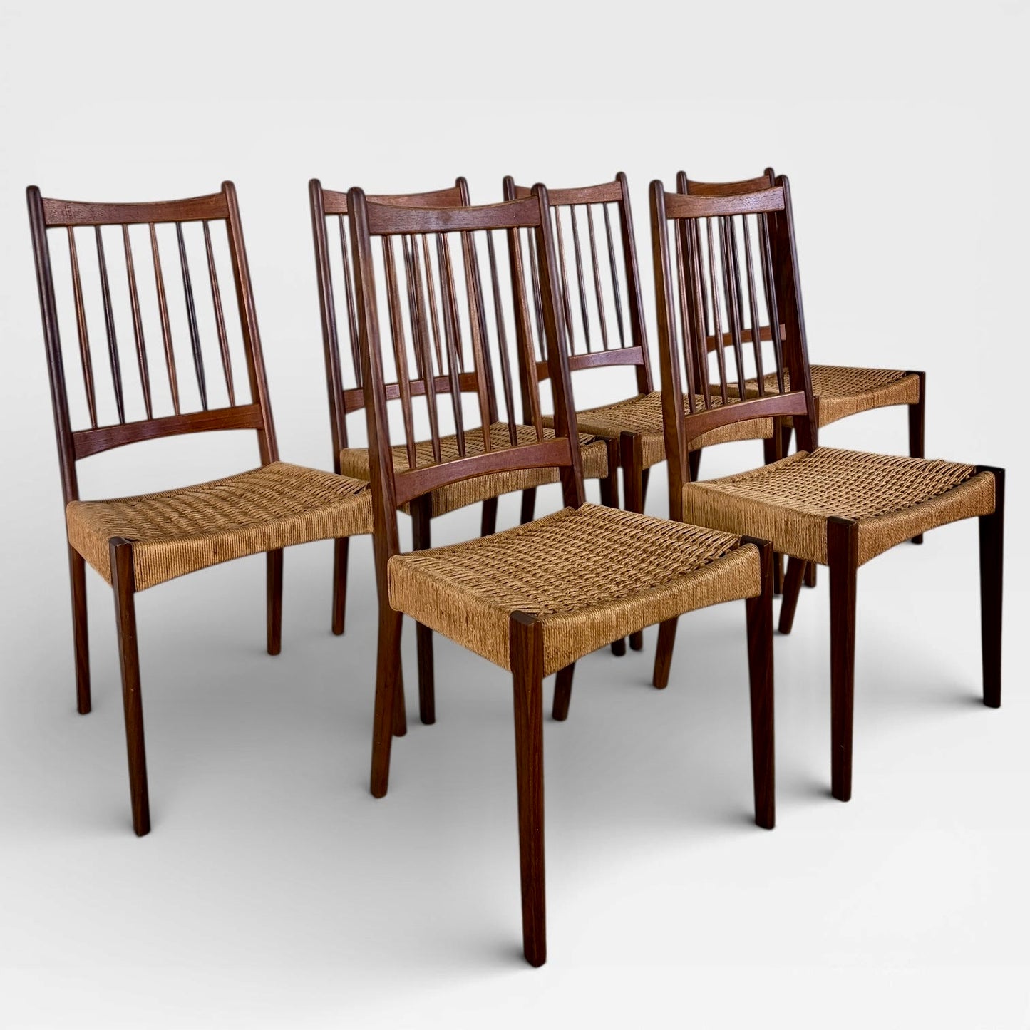 Arne Hovmand-Olsen MK200 Dining Chairs Set of 6 Danish Mid Century Teak & Paper Cord Chairs