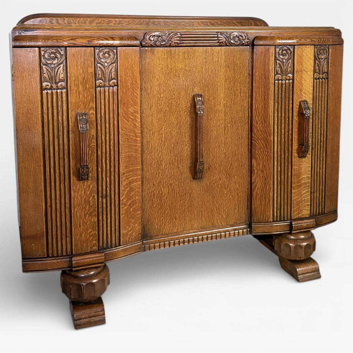 Art Deco Sideboard | 1930s Vintage Oak Drinks Cabinet With Geometric Carved Storage