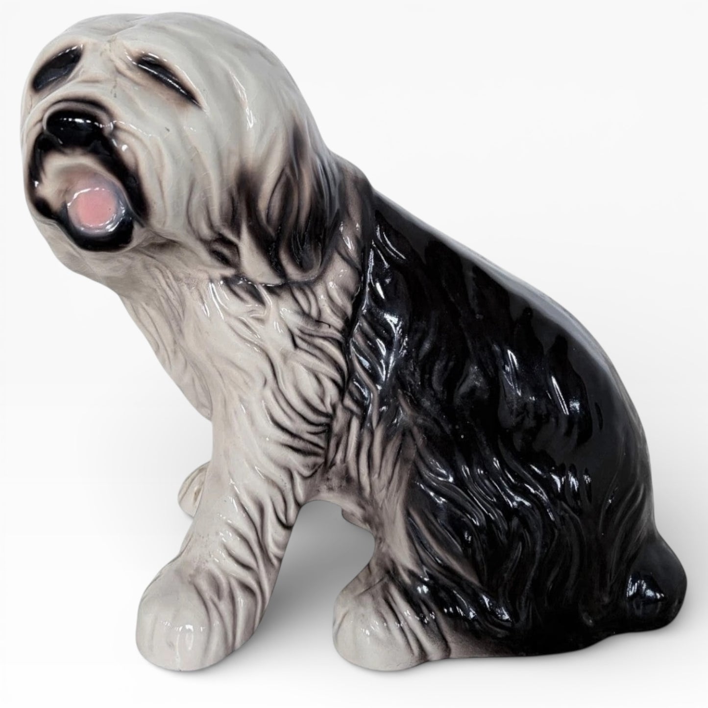 Large Vintage Old English Sheepdog Ceramic Statue – Mid-Century Black & White Glazed Dog Sculpture