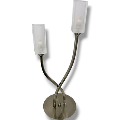 Vintage Table Lamp – Twin Arm Lamp with Frosted Glass Shades | Brass Effect Light