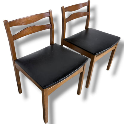 Mid Century Teak Chairs – Pair of Vintage Dining Seats with Black Upholstered Comfort