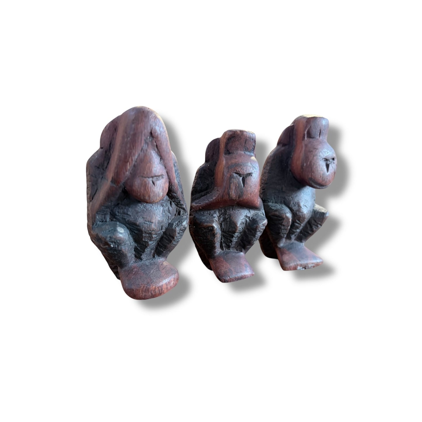 Vintage Hand-Carved Wooden “Three Wise Monkeys” Sculptures – Set of Three
