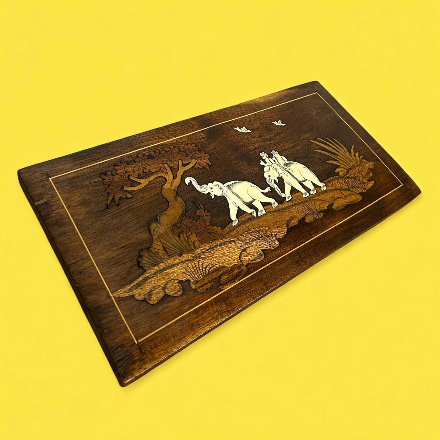 Vintage 1960s Indian Rosewood Inlaid Elephant Wall Panel