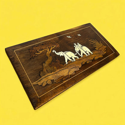 Vintage 1960s Indian Rosewood Inlaid Elephant Wall Panel