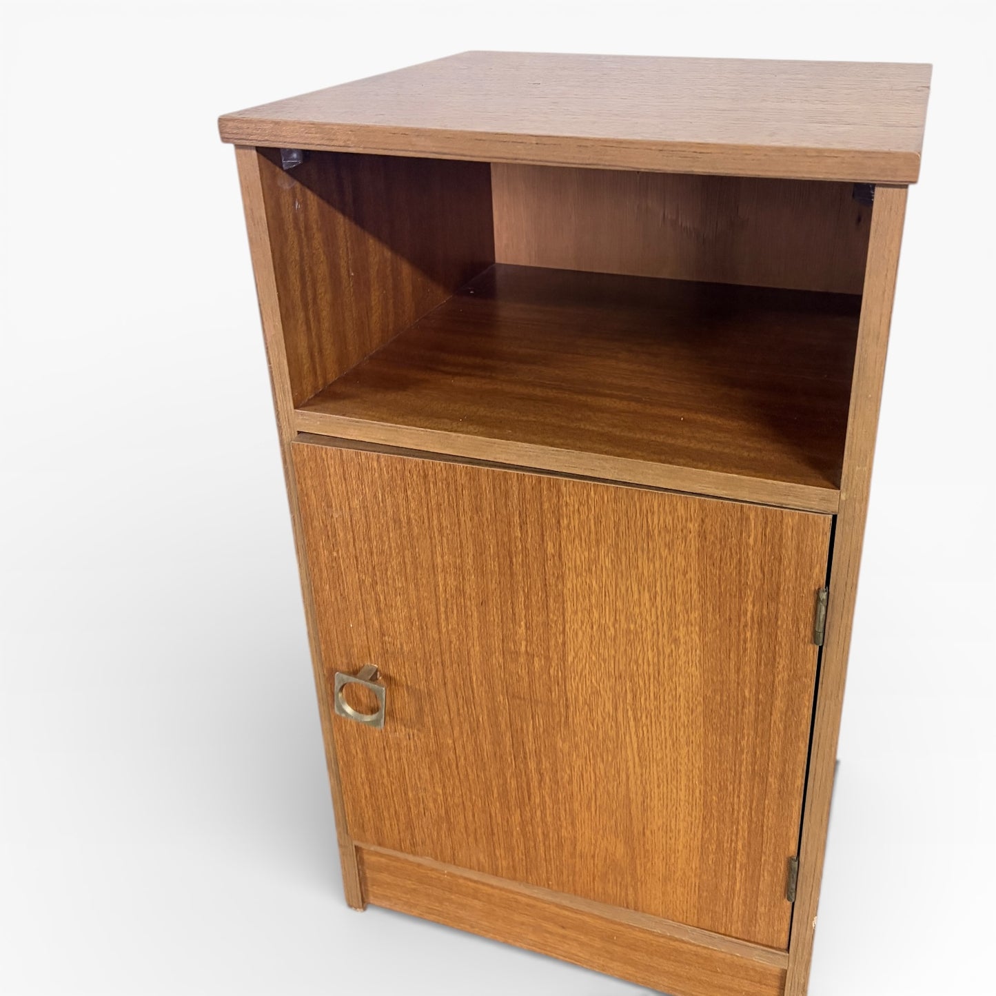 Mid Century Bedside Cabinet | Teak Stag Nightstand with Open Shelf & Cupboard