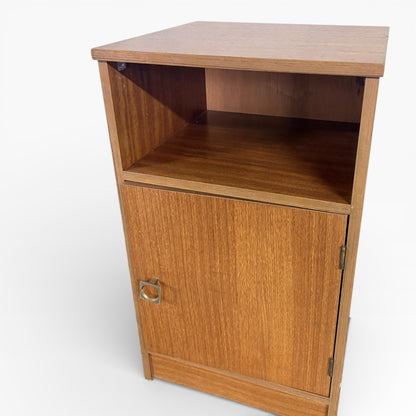 Mid Century Bedside Cabinet | Teak Stag Nightstand with Open Shelf & Cupboard