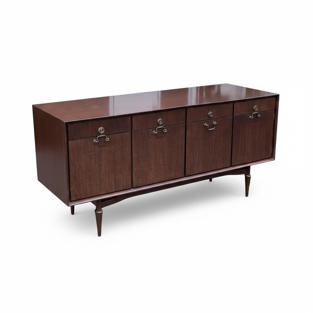 Mid-Century Sideboard - Wooden Vintage Storage With Brass Handles & Tapered Legs