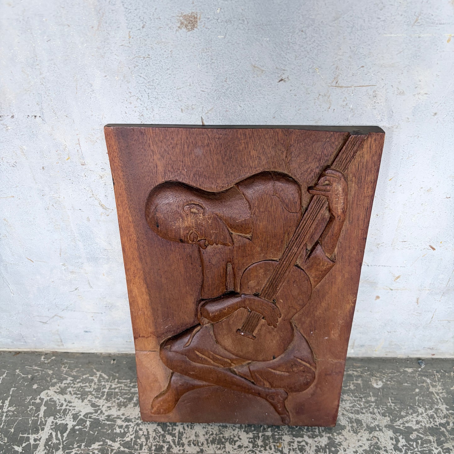 Vintage Hand-Carved Wooden Relief Wall Plaque of a Guitarist
