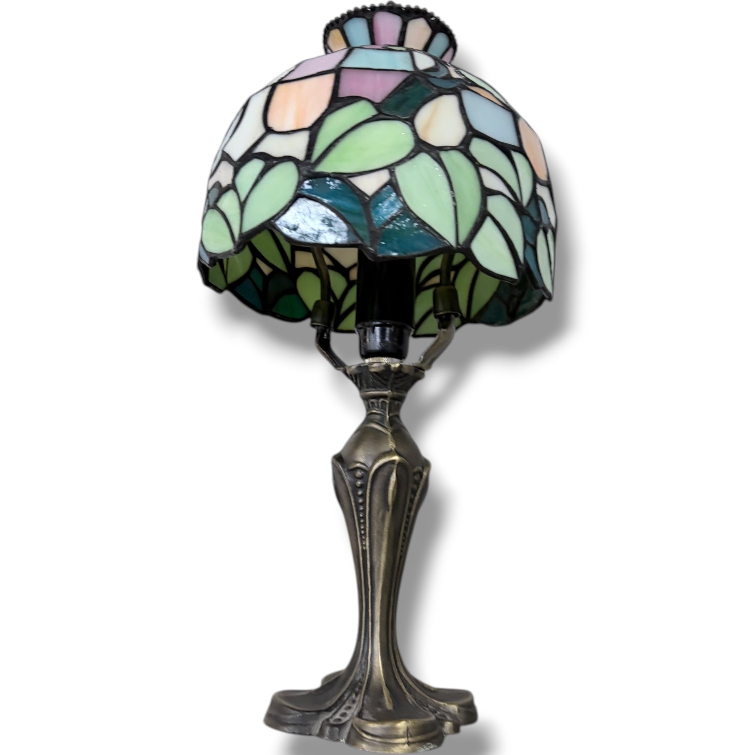 Tiffany Stained Glass Lamp – Vintage Table Lamp with Pastel Floral Shade & Bronze Base — view 6