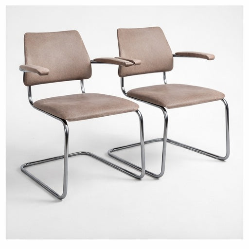 Pair of Mid Century Chrome Cantilever Dining Chairs / Bauhaus Style Stacking Chairs