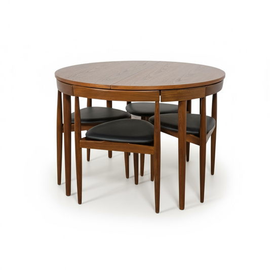 Hans Olsen Frem Røjle Teak Dining Set | Danish Mid Century Round Extending Table & 4 Tri-Leg Chairs
