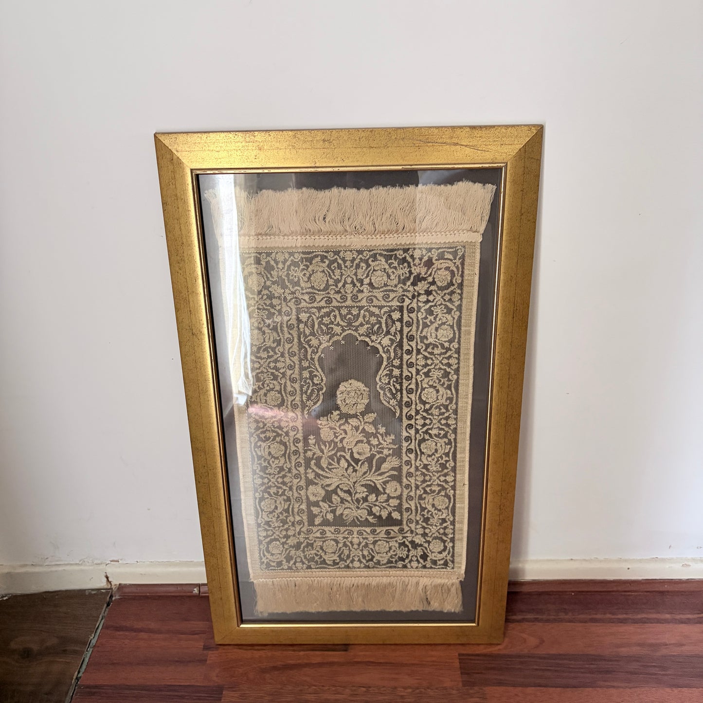 Framed Vintage Islamic Prayer Rug | Woven Textile Wall Art | Gold Frame