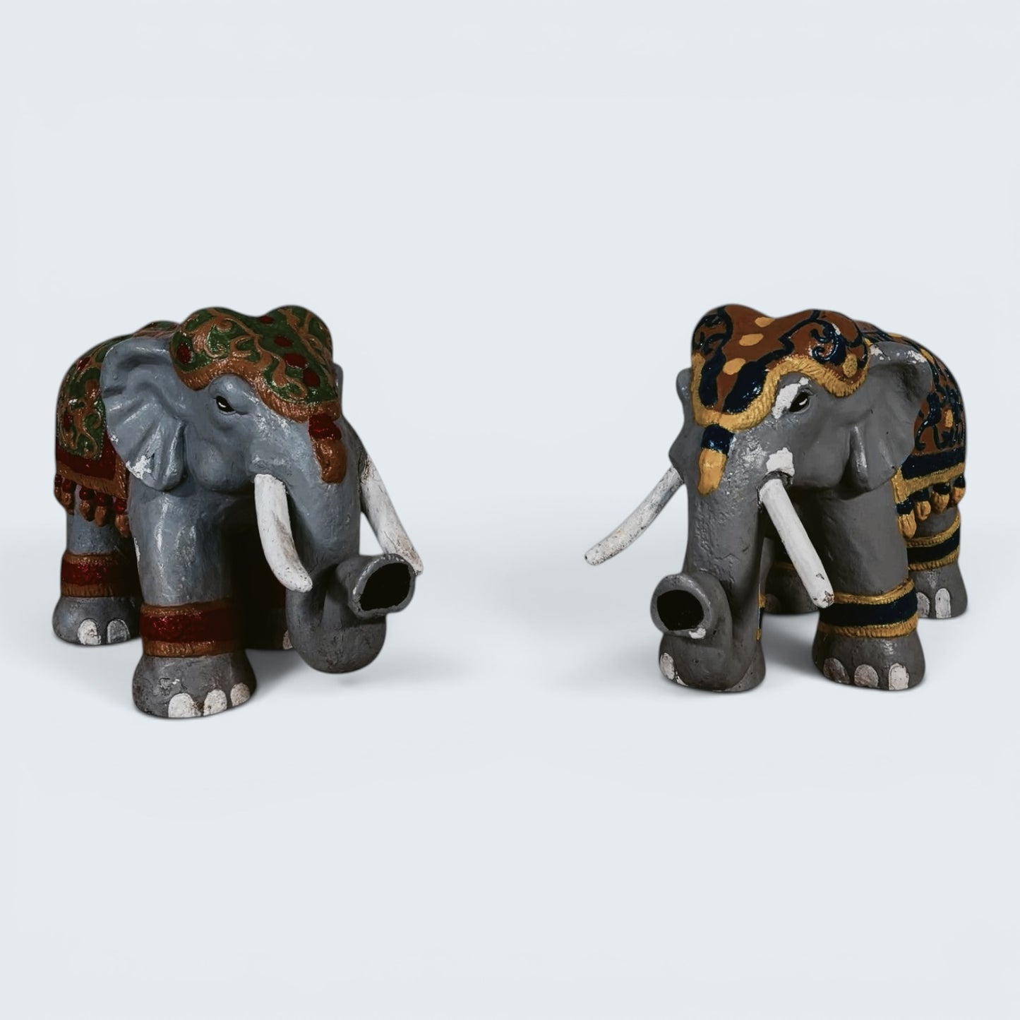 Pair of Hand Painted Indian Elephant Sculptures | Decorative Folk Art Figures