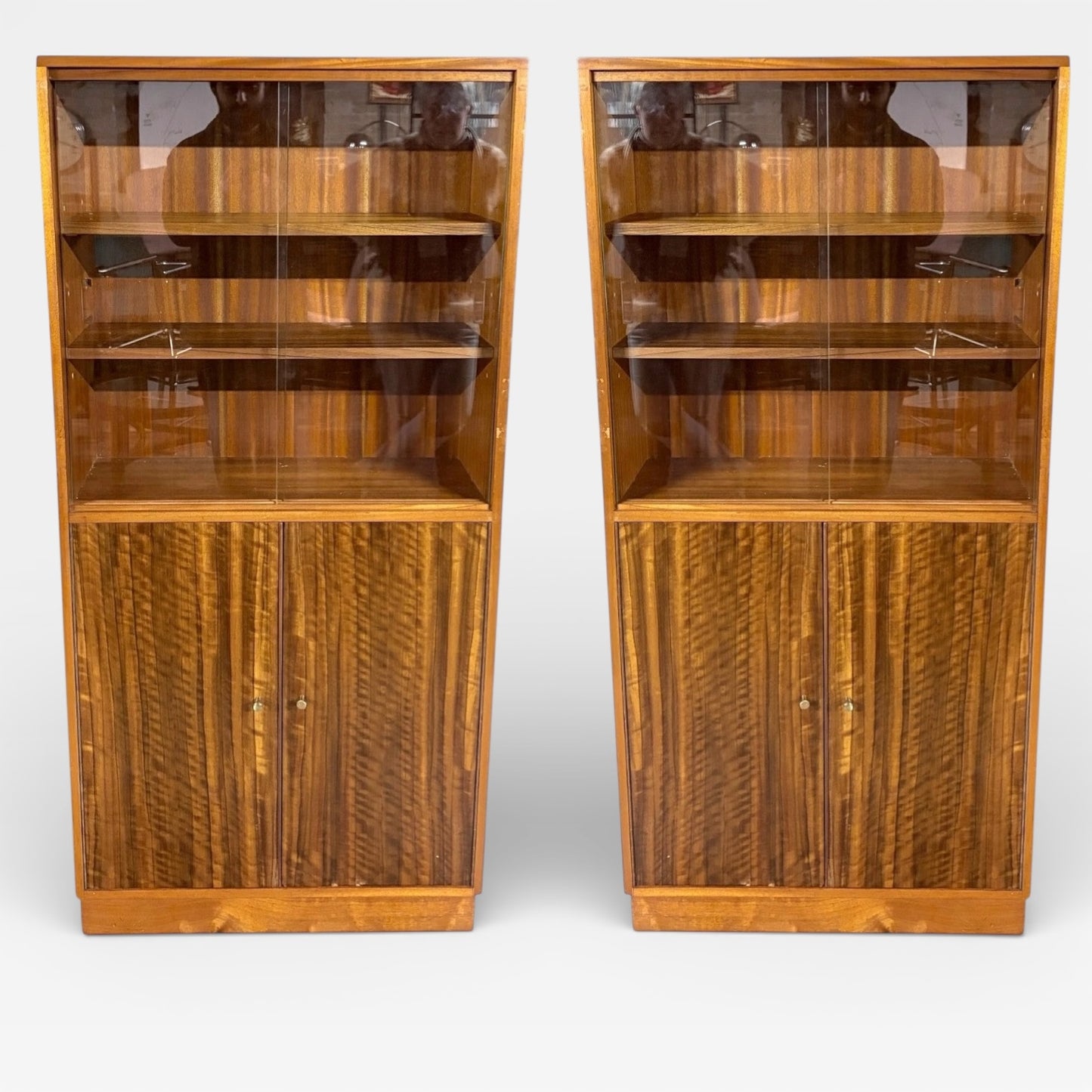 Morris of Glasgow Walnut & Teak Slim Bookcases — Matching Pair
